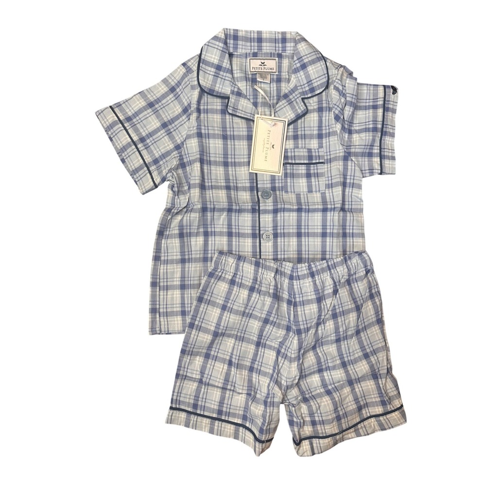 New Petite Plume Boys 3 Seafarer Tartan Short Pajama Set Blue Plaid SSSST103